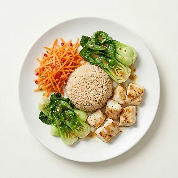 Thai Fish Bowl with Brown Rice, Bok Choy, and Carrot Slaw